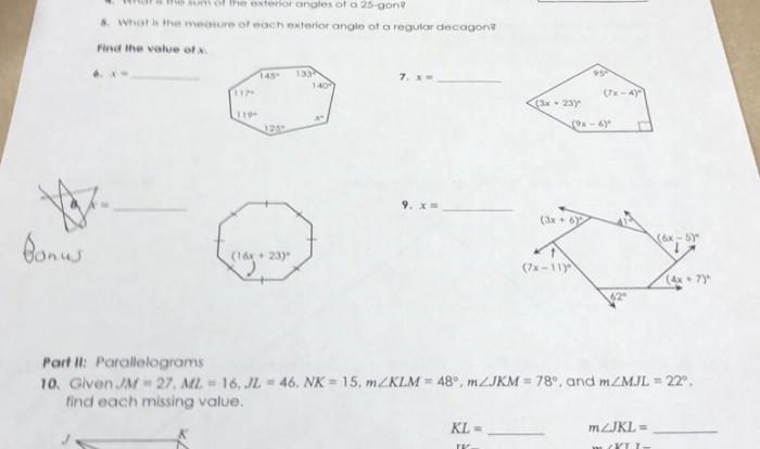 Angles of polygons and parallelograms worksheet answers