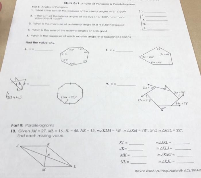 Angles of polygons and parallelograms worksheet answers