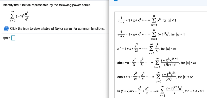 Identify the function represented by the following power series