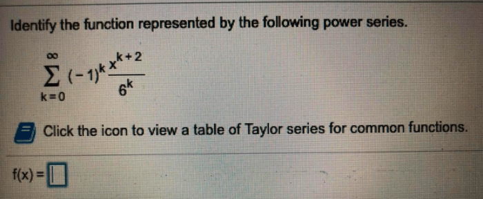 Identify the function represented by the following power series